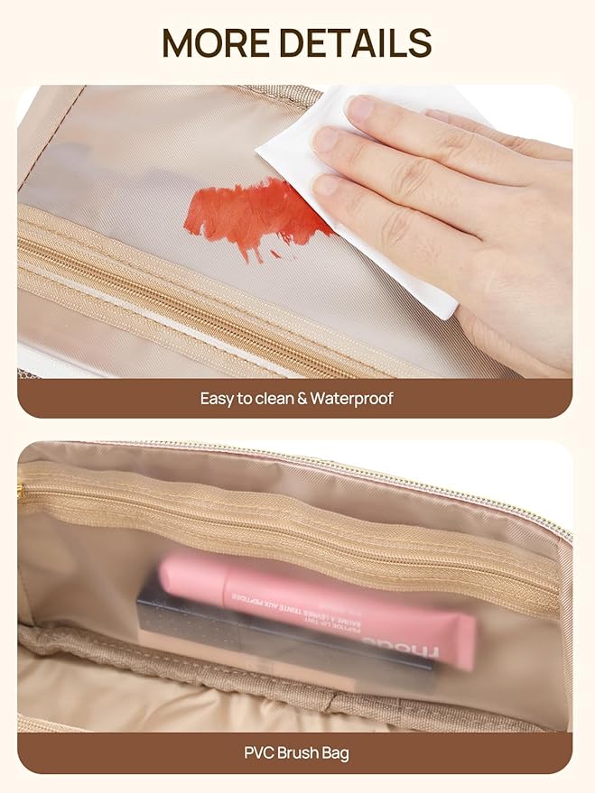 Telena Leather Make Up Bag Portable Travel Makeup Bag Waterproof Cosmetic Bags for Women Large Capacity With Handle and Divider Open Lay Flat Pink