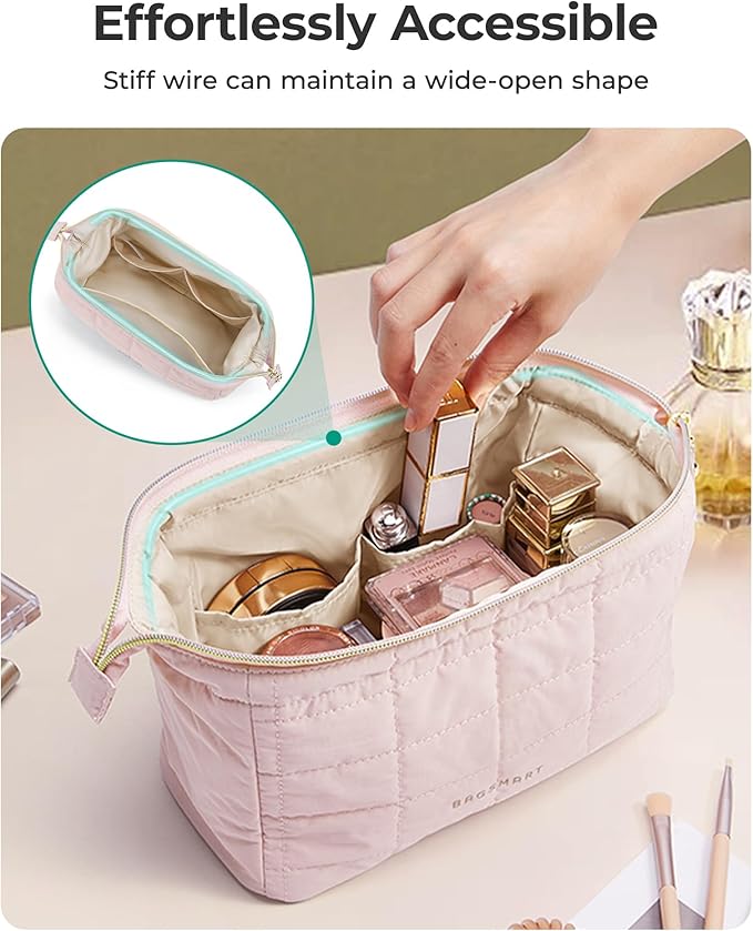 BAGSMART Puffy Padded Travel Makeup Bag, Wide-open Toiletry Bag, Olive Green
