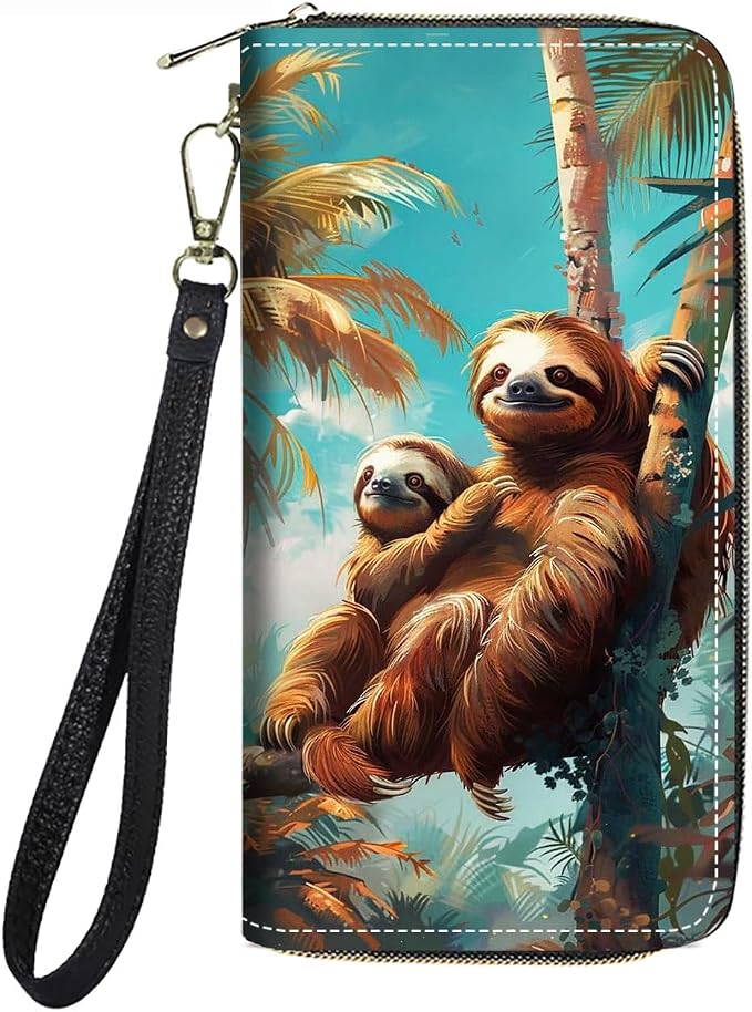 Women's Large Capacity Wallet PU Leather Zip Around Clutch Purse Multifunctional Wallet with Removable Wristlet Strap for Smart Phone/Coin/Card/Cash, Sloth