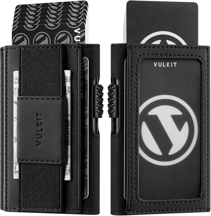VULKIT Mens Minimalist Wallet for Max. 8 Cards with Pop-Up Credit Card Ejector RFID Blocking, ID Window and Elastic Strap for Bills or Keyring, Gift Box Packed, Black
