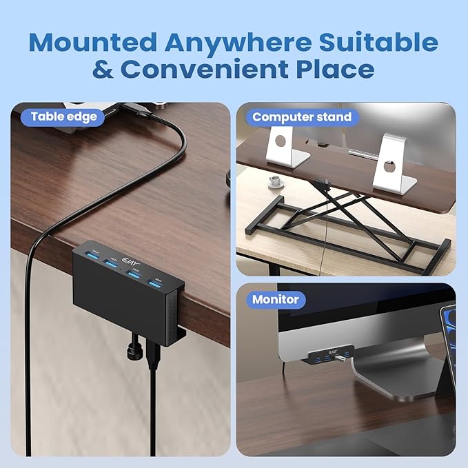 EJAY 4Ports USB3.0 Splitter Alu Clamp Desktop USB HUB for Desk/Monitors Clipping with Extra Power Supply Port and 2 Long Cables(59inches Data & 39inches Power Cables)