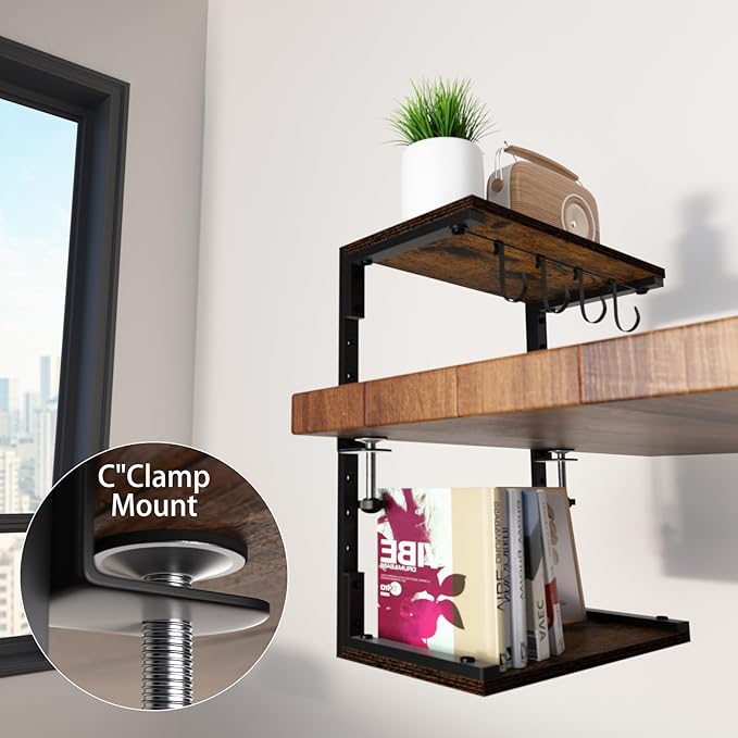 Clamp-On Desk Organizer Shelf, 13 inch Adjustable Height and Versatile Hook, Above or Below Desk 2-Tier Shelving, Shelving for Table Accessories, Gaming Devices, and More