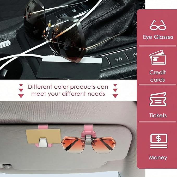 2 Packs Car Glasses Holder Universal Car Visor Sunglasses Holder Clip Leather Eyeglasses Hanger and Ticket Card Clip Eyeglasses Mount for Car (Pink)