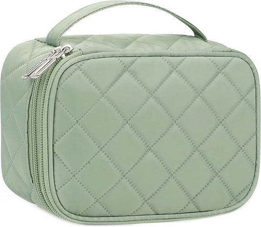 Relavel Travel Makeup Bag, Cosmetic Bag for Girls with 2 Makeup Brush Holders, Portable Makeup Pouch for Women, Cute Toiletry Bag with Double Layer Organizer - Green