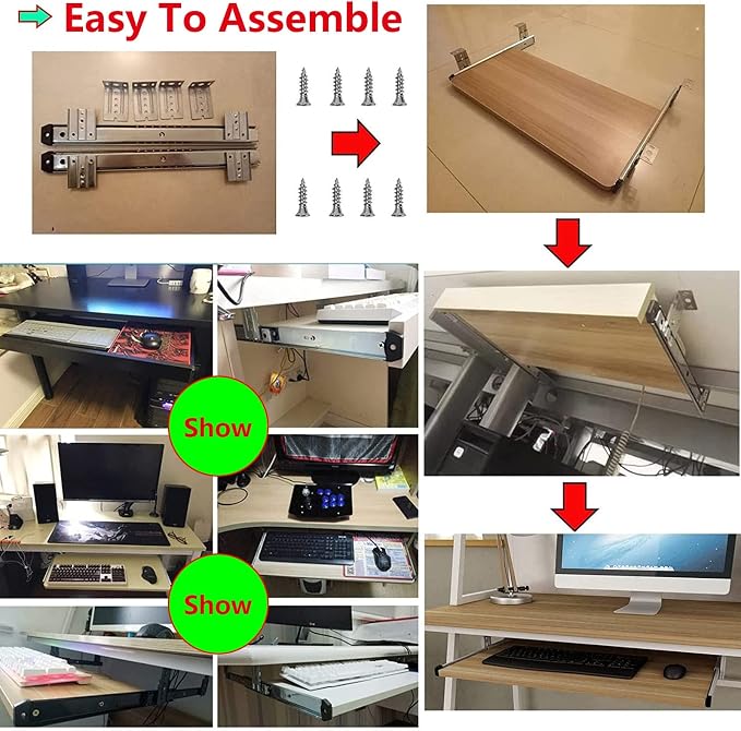 V3VOGUE Adjustable Keyboard Tray Under Desk Pull Out Keyboard Holder with Slides Rails - Smoothly Sliding - for Keyboard Mouse Drawer Platforms - Ergonomic Wooden Desk Extender