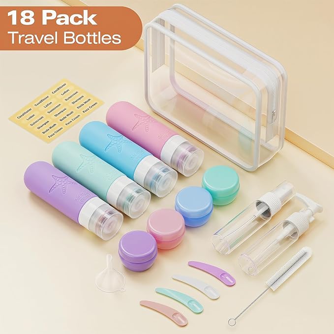 18 Pack Travel Bottles for Toiletries - TSA Approved, Triple Leak Proof Silicone Set, 3oz Refillable Travel Essentials Kit for Shampoo, Conditioner, Lotion & More, Pink, BPA Free