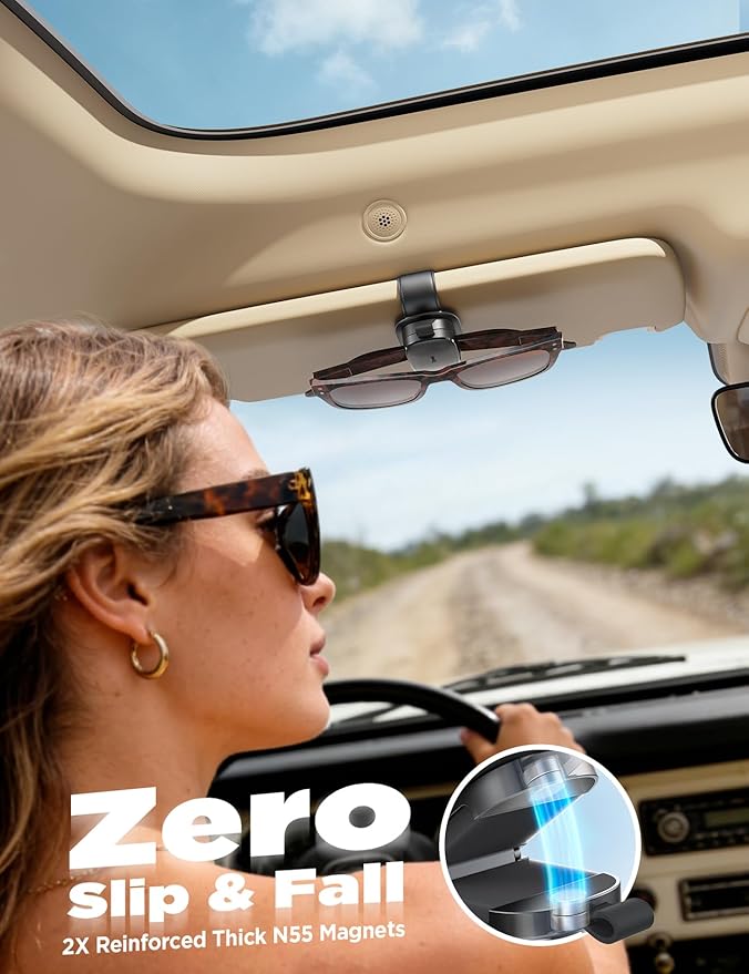 Sunglass Holder for Car, Chfeila Upgrade 360° Rotating & One-Hand Operation Magnetic Glasses Clip, Leather Sun Eyeglass Visor Organizer, Scratch-Free Eyewear Hanger for Car Accessories Gadgets - Black
