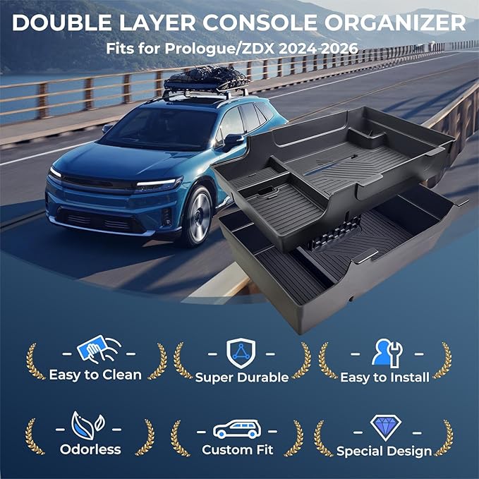 Double Layer Center Console Organizer Tray Storage Box for Honda Prologue EV/Acura ZDX 2026 2025 2024, Interior Accessories Armrest Insert Tray Storage Box for 2024-2026 Prologue EV/ZDX, Black