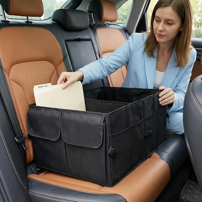 HZEL Car Trunk Organizer, Foldable Large Capacity Vehicle Backseat Cargo Net Storage Container with Handle, Collapsible Waterproof Automotive Trunk Storage Organizer, Universal for Vehicles
