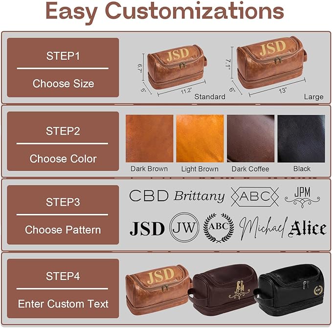 Personalized Leather Toiletry Bag for Men, Large Capacity Toiletry Travel Bag, PU Leather Waterproof Shaving Toiletry Bag, Travel Essentials Customized Gifts for Husband (Style 4)