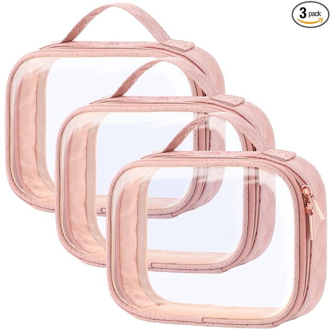 PACKISM TSA Approved Toiletry Bag 3 Medium, 3-1-1 Compliant Clear Makeup Bag with Handle, Quart Size Toiletry Bags Fit Carrv-on Travel Essentials, Water Resistant PVC, Rose Pink