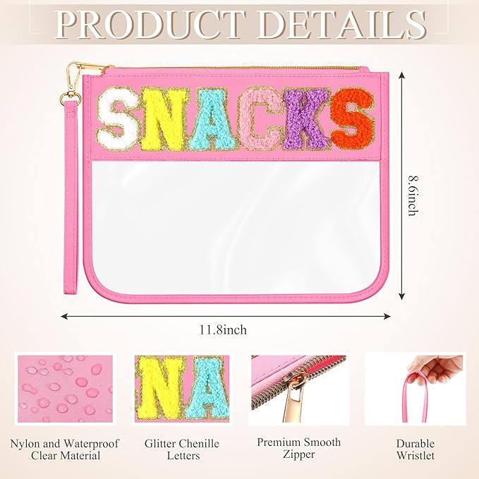 Abbylike 12 Pcs Snack Bags Clear Chenille Letter Snacks Zipper Pouch Waterproof PVC Large Travel Makeup Cosmetic Storage Organizer Bag for Mom Team Cheerleaders Teacher (Multicolor)