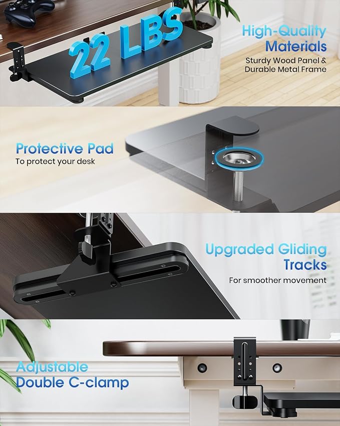 Large Keyboard Tray Under Desk, Pull Out Keyboard & Mouse Tray with Adjustable C-clamp, 25.6(31.5 Including Clamps) x 11.8 Inch Slide Out Computer Keyboard Drawer Mouse Tray for Typing, Black