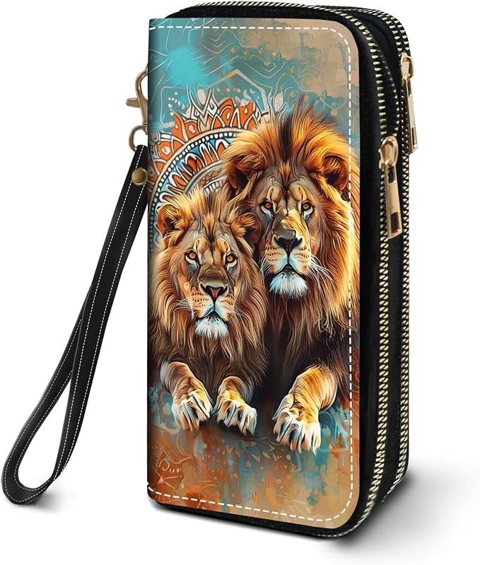 Women's Large Capacity Wallet PU Leather Double Zipper Clutch Purse Multifunctional Wallet with Removable Wristlet Strap for Smart Phone/Coin/Card/Cash - Lion