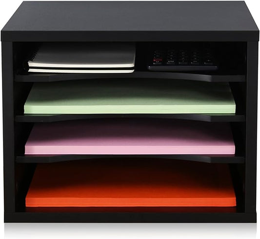 FITUEYES Wood Desk Paper Organizer with 4 Tiers Storage, Desktop File Holder, Document Letter Sorter Tray with Adjustable Shelves, Home Office Wooden Mail Rack, Black