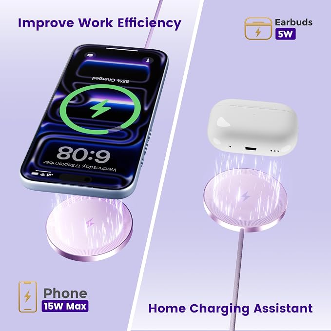 15W Wireless Charger for Apple MagSafe Charger, Magnetic Fast Charging Pad | Compatible for iPhone 17 16 15 14 13 12 Pro Max, AirPods-Slim Portable for Desk Bedside and Travel - 3 Pack, Light Violet