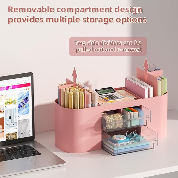 Marbrasse Desk Organizer Pen Holder for Desk with 3 Drawers, Multi-Functional Pencil Holder, Desk Organizers and Accessories with 7 Compartments for Home, School, Classroom(Pink)