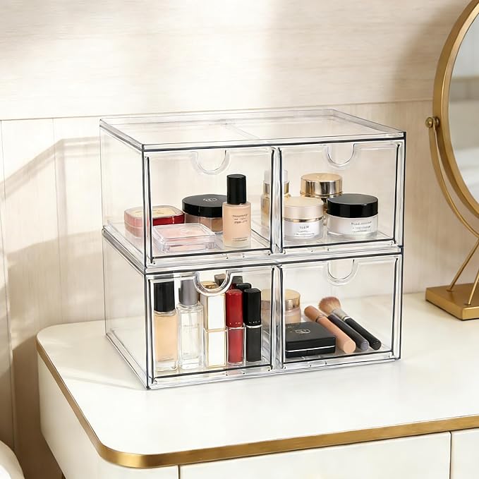 Prsildan Stackable Clear Makeup Organizer, 2 Pack Acrylic Storage Drawers with 4 Drawers for Vanity Bathroom Office Desk Modular Drawer System for Cosmetics Jewelry Toiletries Home Organization