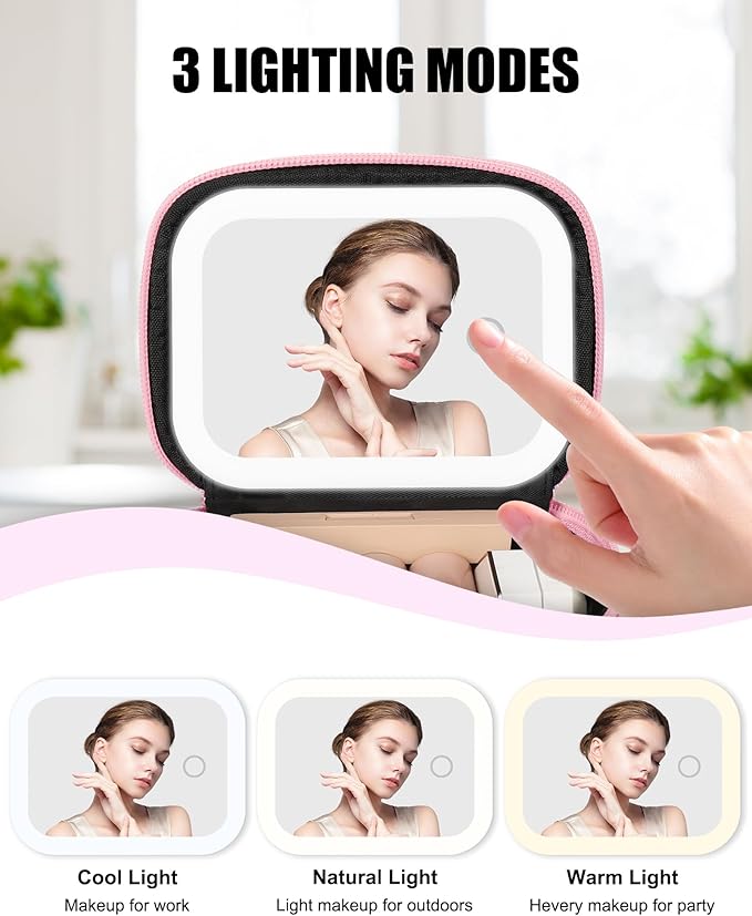 Relavel Mini Makeup Bag with Led Mirror, Small Cosmetic Bag with 3 Light Modes, Rechargeable Portable Makeup Pouch with Hands-Free Wrist Strap for Pool Parties丨Work Touch-Ups丨Travel - Pink Strip