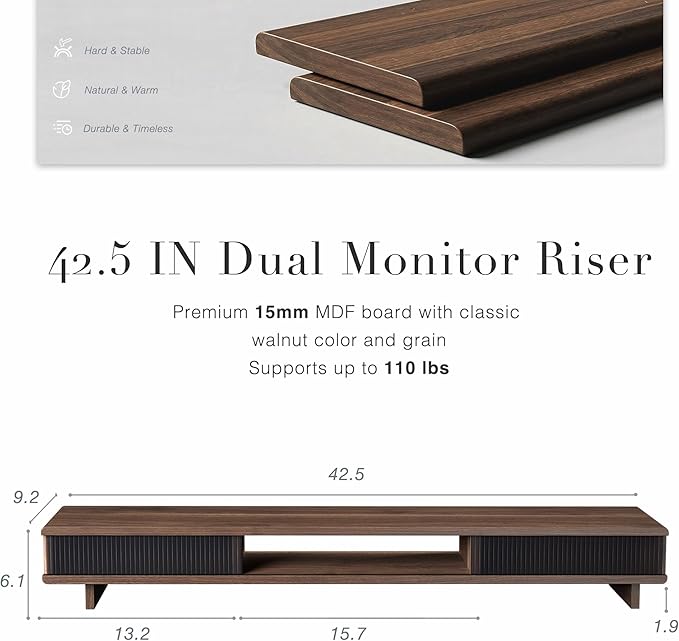 Dual Monitor Riser with Sliding Doors & Storage - 42.5" Extra Wide Dual Monitor Stand for Desk Organizer,Desk Shelf for Office & Gaming - Acrylic Wave Design,110 lbs Capacity,Walnut