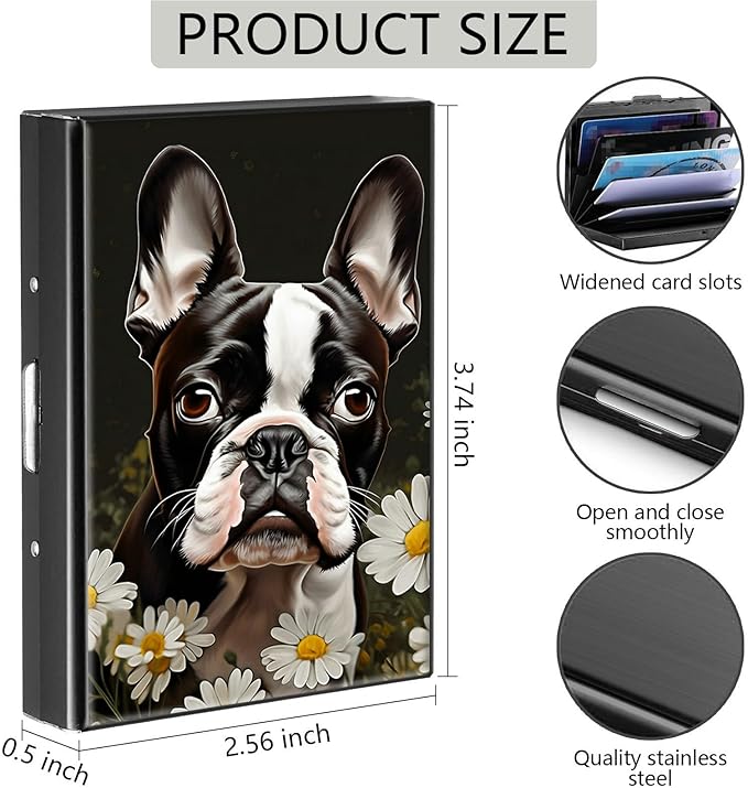Credit Card Holder, Boston Terrier Dog Design Mini RFID Blocking Aluminum Wallet Slim Metal Hard Case Shell Travel Wallet ID Case Small Credit Cards Case Business Cards for Women Men Girls