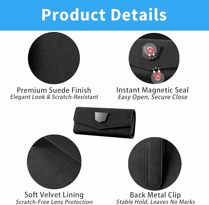 WEIHAO 2Packs Magnetic Sunglass Holder for Car Visor Clip, Suede Sunglasses Case for Car, SUV, Truck, Most Vehicles, Universal Eye Glass Holder for Car Visor Storage Case (Black)