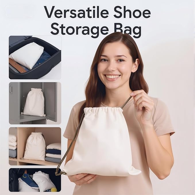 Canvas Shoe Bags for Travel, 2 Pcs Drawstring Shoe Storage Pouches, Dust Proof Washable Shoe Organizers (17.7x13.8in, Beige)