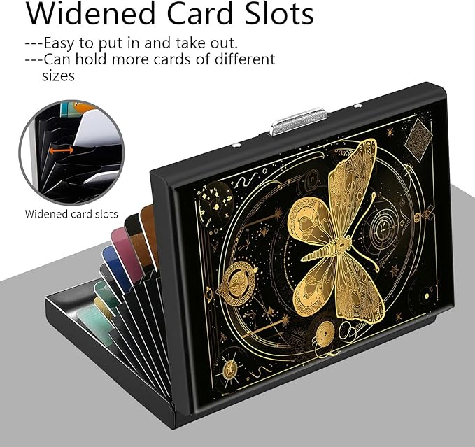 Credit Card Holder, Golden Moth Moon Butterfly Design Mini RFID Blocking Aluminum Wallet Slim Metal Hard Case Shell Travel Wallet ID Case Small Credit Cards Case Business Cards for Women Men