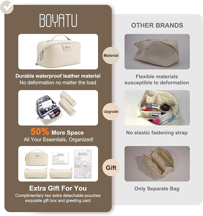 BOYATU Travel Makeup Bag Cosmetic Bags for Women: Large Capacity 3 Pcs Set Make up Bag with Compartments - Waterproof Vegan Leather Toiletry Organizer Bags with Handle (L27Off-white)