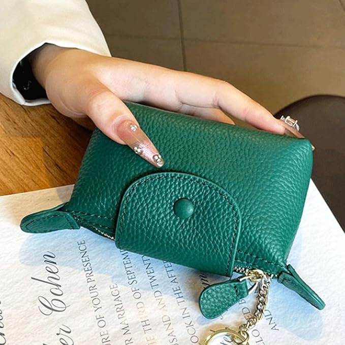 Grass Green Leather Coin Purse with Keychain - Small Zipper Pouch for Women, Mini Wallet for Cash Coins Credit Cards