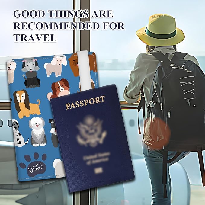 Passport Holder for Travel Essentials, RFID Premium Leather Passport Wallet Cover Case for Travel Must Haves Accessories, Passport Book Holders for Women Men Cute Blue Dogs