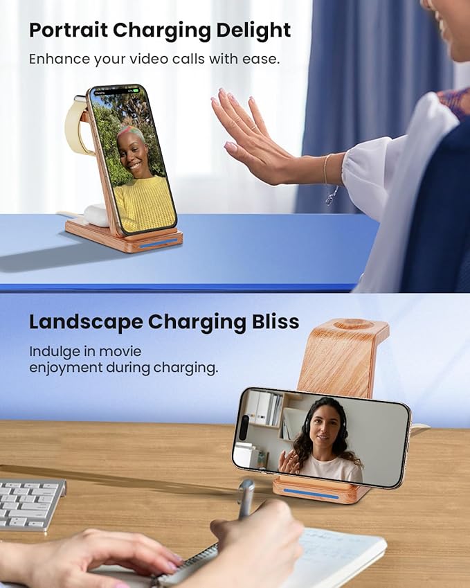 Wireless Charging Station, 3 in 1 Wireless Charger Stand for Multiple Apple Devices, Charging Dock for iPhone 16 15 14 13 12 11 Pro Max XS 8, Apple Watch 8 7 6 SE 5 4 3 2, 3/2/Pro, Wood