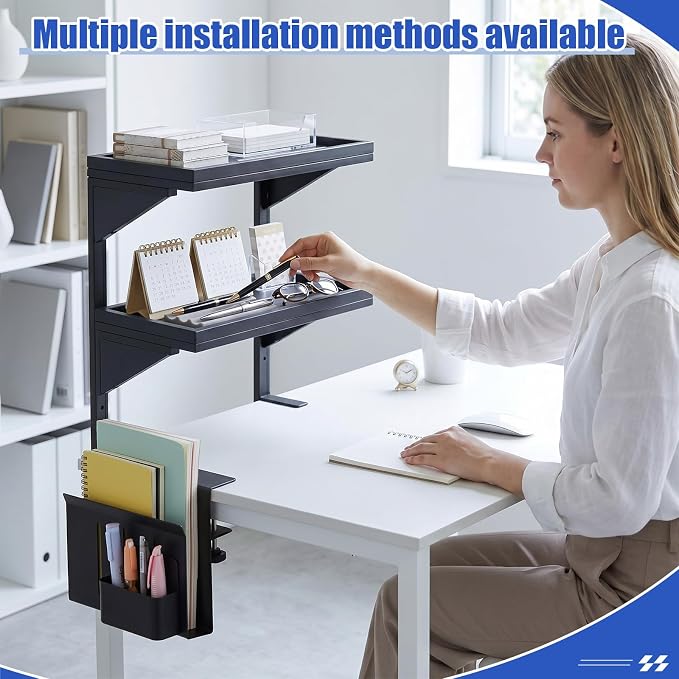 Chumia 2 Tier Clamp on Desk Clamp on Laptop Mount with Pen Holder Desktop Shelves Organizer Desktop Organizer Desk Organizers and Accessories Table Extender Attachment Shelves for Home Office