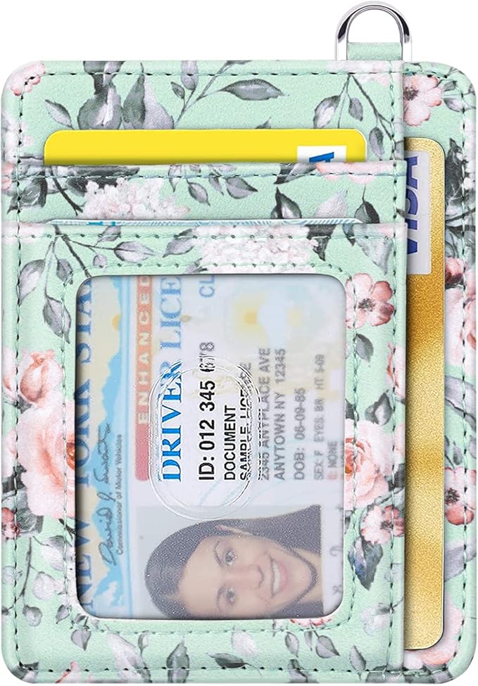 Coco Rossi Slim Front Pocket Wallet RFID ID Card Holder Cute Small Wallet with Keychian for Women,Green Flowers