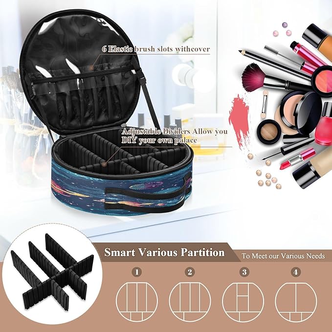 senya Round Cosmetic Pouch Travel Makeup Train Case Starry Sky Planet Makeup Organizer Bag with Adjustable Dividers Portable for Cosmetics Makeup Brushes Toiletry Jewelry Accessories