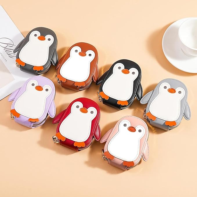 Cute Cartoon Penguin-shaped Coin Purse PU Leather Accordion Card Holder Large Capacity Zippered Money and Card Organizer Portable Mini Coin Purse (Purple)