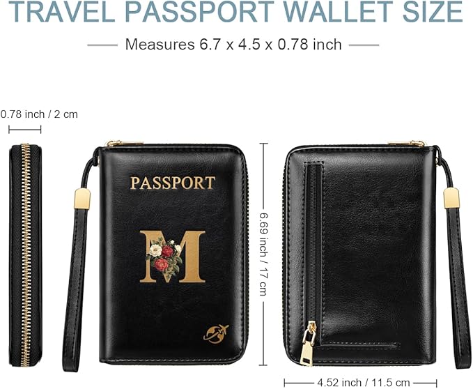 Passport Holder Cover Wallet with Zipper Personalized Initial Letter M Rose Flower RFID Blocking Travel Wallets Credit Cards Holder for Women, Gift for Wife and Girlfriend,M