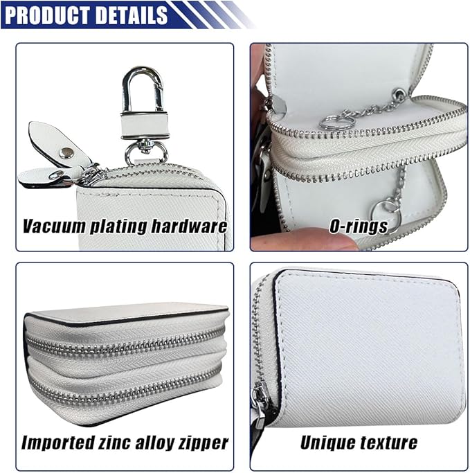 BDZMC Car Key Case, Genuine Leather Car Keychain Holder, 2 Sides Pocket Car Key Fob Zipper Bag, Car Key Case for Women Men(White)