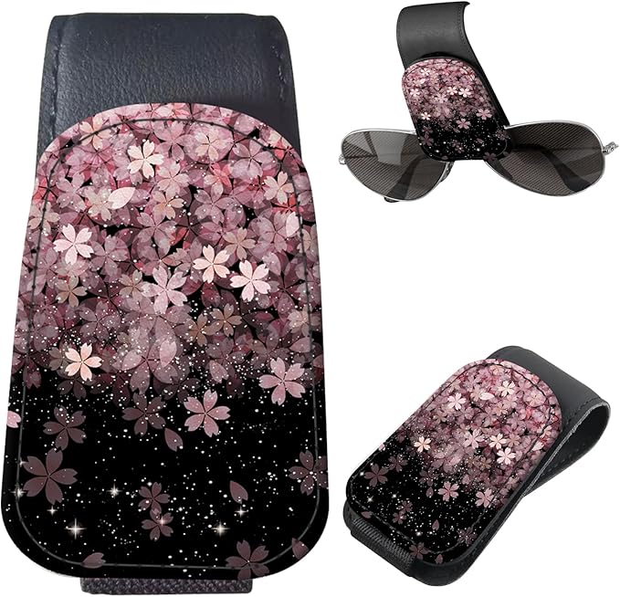 Sunglasses Holder for Car Visor, PU Leather Glasses Clip Organizer, Cute Magnetic Eyeglass Holder for Vehicle Sun Visor, Car Interior Accessory for Women & Men Cherry Blossom Night