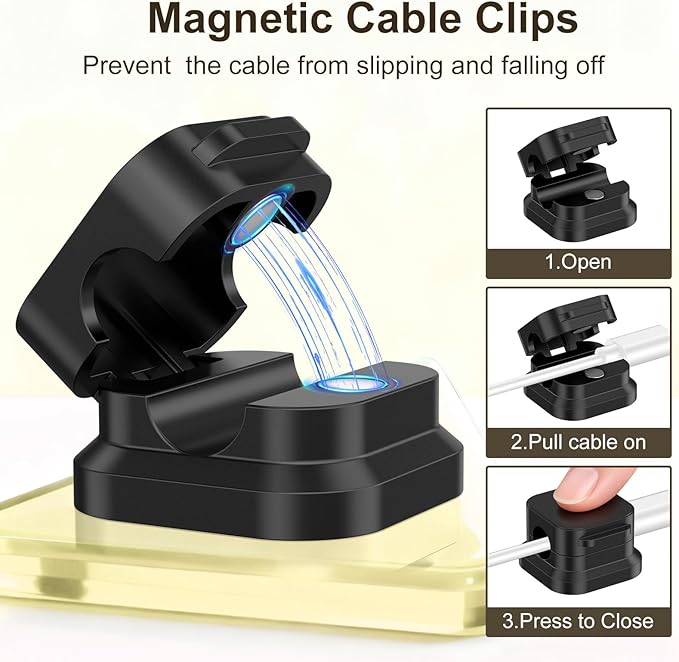 6 Pack Magnetic Cable Clips, Cord Organizer Holder with Strong Adhesive, Desk Cable Management for Home Office Car Desktop Nightstand, Adjustable Wire Keeper, Black