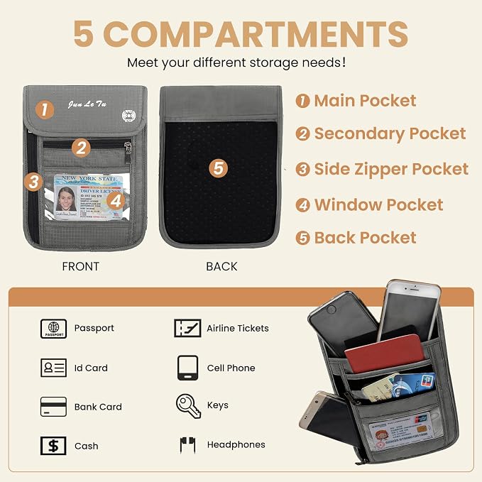 Passport Holder for Travel, RFID Passport Wallet with Visual Window Design, Multifunctional Document Organizer, Waterproof Travel Pouch Neck Wallet for Men and Women, Grey