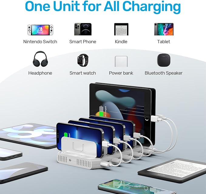 Unitek Multi Charging Station, 10-Port USB Charger for Multiple Device with SmartIC Tech and Adjustable Dividers, Organizer Stand Compatible with iPad, Tablet, Kindle, iPhone