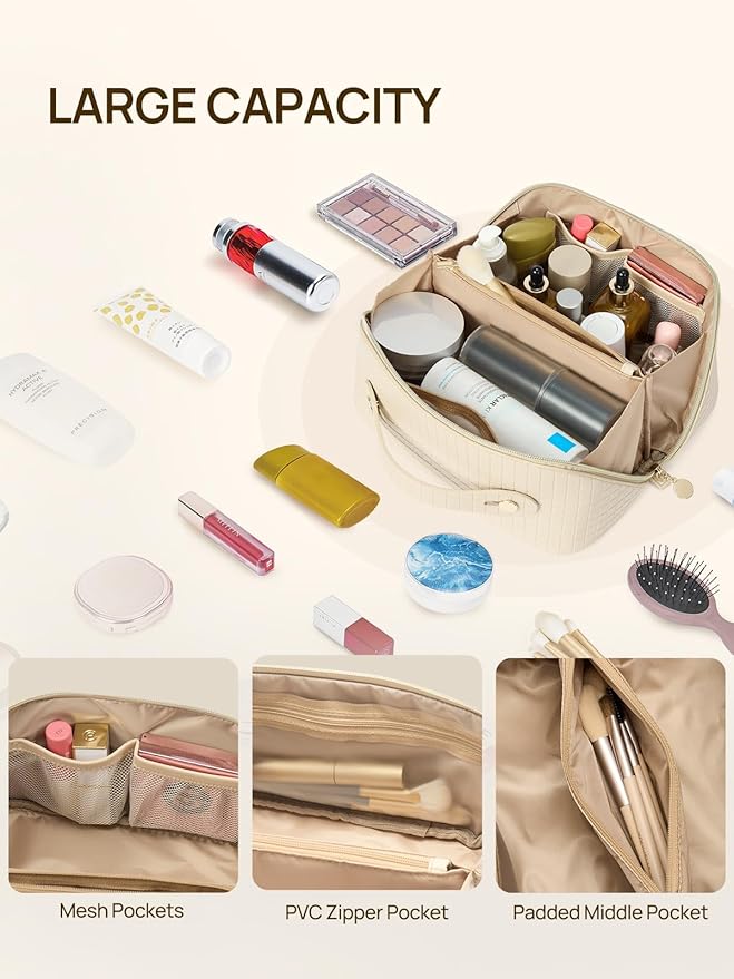 Telena Leather Make Up Bag Portable Travel Makeup Bag Waterproof Cosmetic Bags for Women Large Capacity With Handle and Divider Open Lay Flat