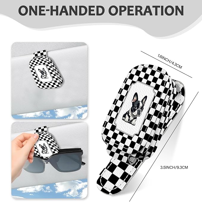2 Pack Magnetic Leather Sunglass Holder, Universal Magnetic Car Eyeglass Hanger Clip for Different Size Eyeglasses, Car Visor Accessories (Checkered Dog)