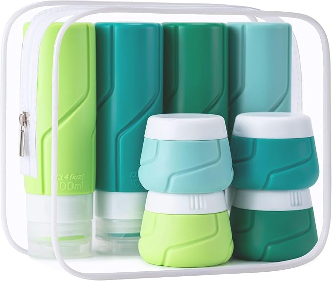 CADONO Travel Bottles - 15 Pack, TSA Approved Travel Size Toiletries, Leak Proof Silicone Squeezable Containers in Clear Bag(Green)