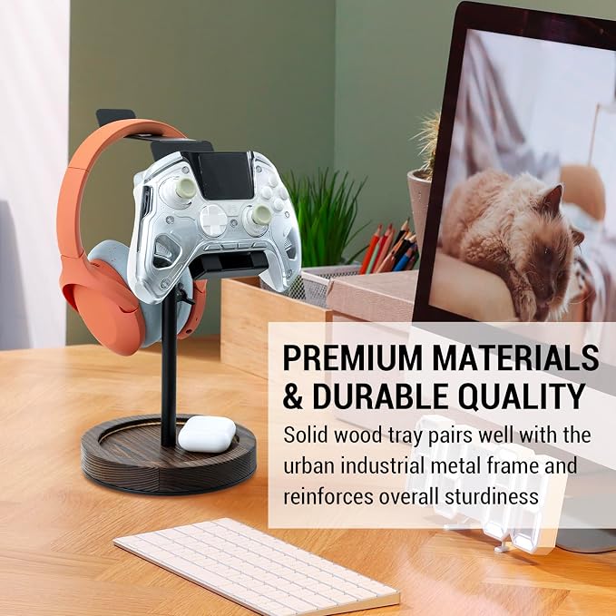 MyGift Industrial Matte Black Metal Headphone Stand with Adjustable Height and Burnt Wood Tray – Desktop Headset Holder for Office, Gaming, or Studio Setup