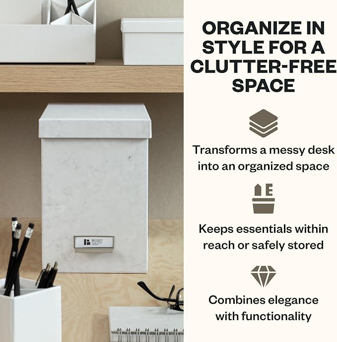 Bigso John Fiberboard Label Frame Desktop File Storage Box - Document Organizer for Important Paperwork - Durable Hanging File Box with Lid & Metal Label Window - 7.36 x 13.38 x 10.51 in - Marble