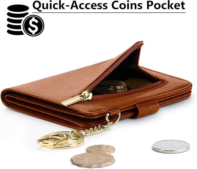Airkit Small Wallets Woman RFID Blocking Leather Credit Card Holder - with ID Window - Card Wallets for Women - with Zipper Coin Purse - Keychain Wallet