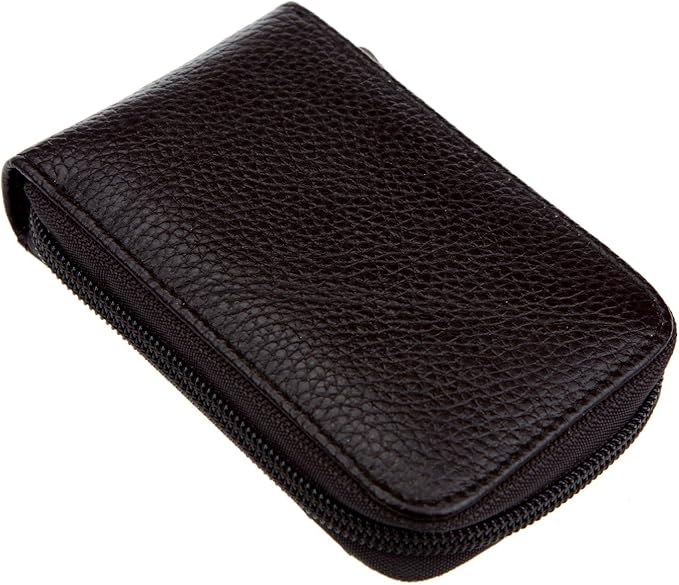 RFID Blocking Genuine Leather Mini Credit Card Case Organizer Compact Wallet with ID Window - Coffee