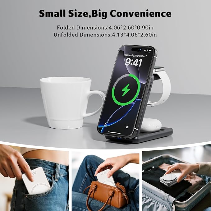 Acer 3 in 1 Charging Station for Apple Device, Magnetic Wireless Foldable Fast Charger Stand Compatible with MagSafe for iPhone, Apple Watch & AirPods, Foldable Charging Dock for Desk S3